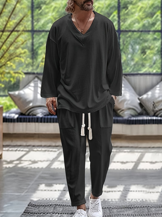 Ensembles 2 pièces en pur coton, hauts à manches longues à col en V et pantalons courts avec poches