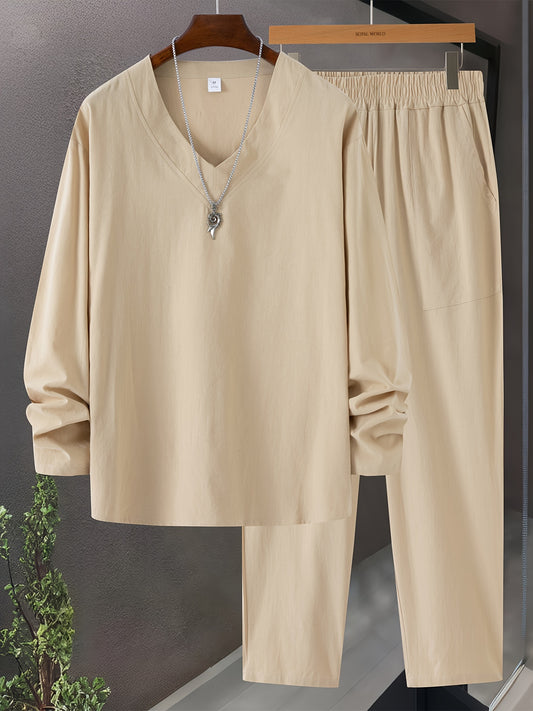 Ensembles 2 pièces en pur coton, hauts à manches longues à col en V et pantalons courts avec poches